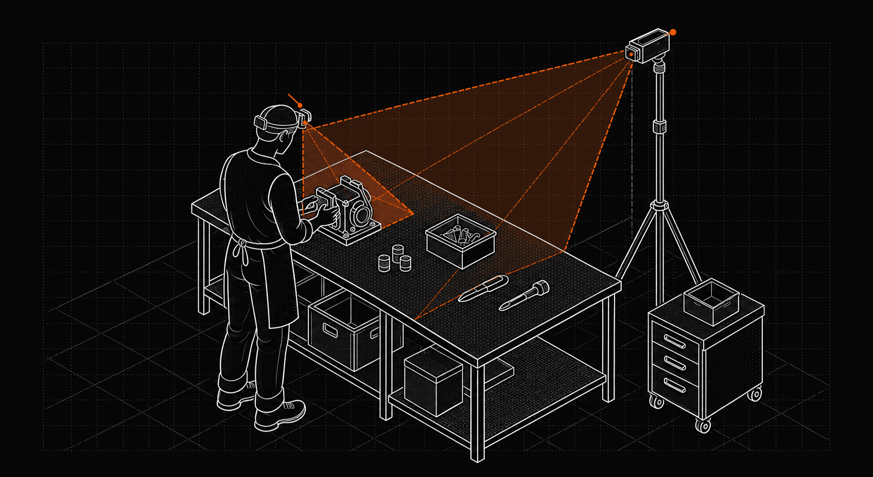 A worker assembles a component at a workbench with tools and parts, while wearable and tripod cameras record the work.